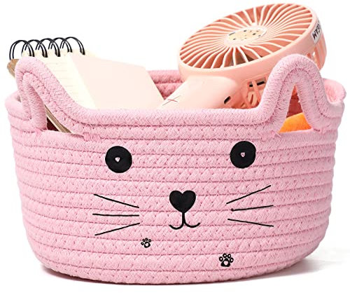 Zopeal Katzenkorb Geflochtener Aufbewahrungskorb Organizer mit Ohren Süßer Dekorativer Haustier Spielzeug Korb Katze Hund Baumwollseil Korb für Geschenk (Rosa, 8,3 x 4,7 Zoll)