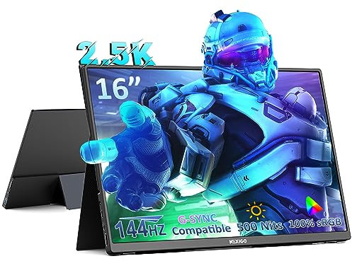 NexiGo 2.5K 144Hz 16'' Portable Gaming Monitor, 500Nits, FreeSync, G-SYNC Compatible, 10Bit, HDR, Dual Speakers, HDMI USB-C, PC/PS5/Xbox/Switch, Built-in Kickstand with Cover, for Home/Office/Esports