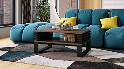 Design Couchtisch Gokee Tisch Wohnzimmertisch 90x42x60cm mit Ablagefläche, Farbe:Eiche dunkel/Schwarz matt