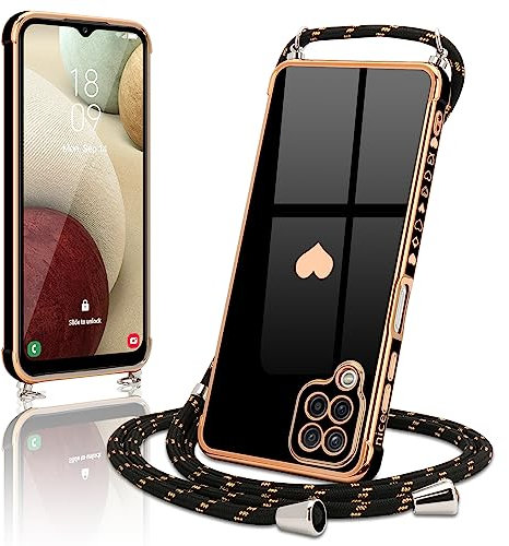 Wirvyuer Handyband Hülle Kompatibel mit Samsung Galaxy A12/M12 Handyhülle mit Band zum Umhängen Kameraschutz Liebesherz Galvanik Silikon Schutzhülle mit Halsband Case für Samsung A12/M12 Schwarz