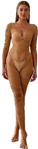 Bommi Fairy Women Sexy Crotchless Underwear Hollow Lingerie Bodysuit Babydoll Striped Mesh Teddy Sleepwear Half-Sleeves Bodystocking (Almond)