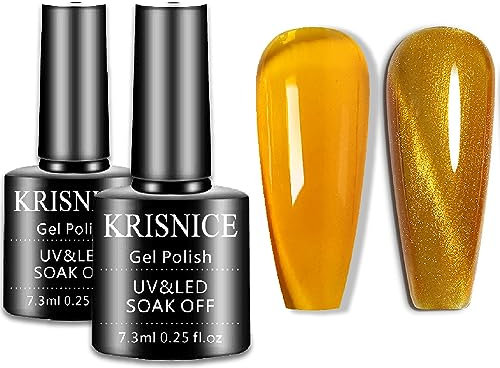KRISNICE Jelly Crystal Gel Nail Polish Set Golden Translucent Fall Autumn,1Ps Golden Cat Eye Gel Nail Polish Designs Manicure DIY Home UV LED Soak Off Art Gift (KCS2-012)
