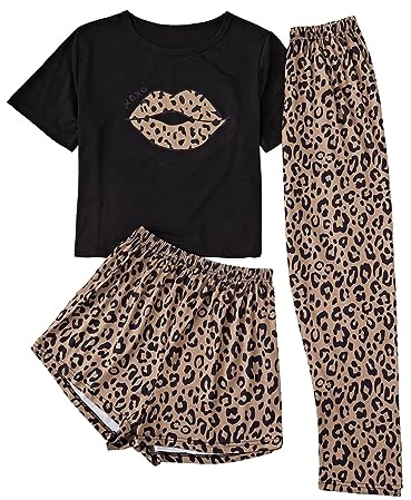 GORGLITTER Pyjama Set 3 Teilig Damen Leopard Schlafanzug Tshirt Und Hose Set Nachtwäsche Short Mit Tshirt Hausanzug Schlafwäsche