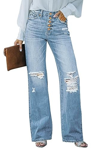Roskiky Damen High Waist Schlaghose Jeans Mit Löchern - Stretch Baggy Hose in Kühlem Blau, Größe M