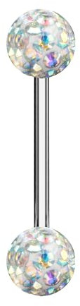 Taffstyle Piercing Schmuck Brustwarzenpiercing Brustwarze Intimpiercing Brust Nippel Intim Ohr Ohrpiercing Barbell gerade Hantel Stab Ferido Kristall Glitzer Doppel Kugel 12mm Silber Rainbow