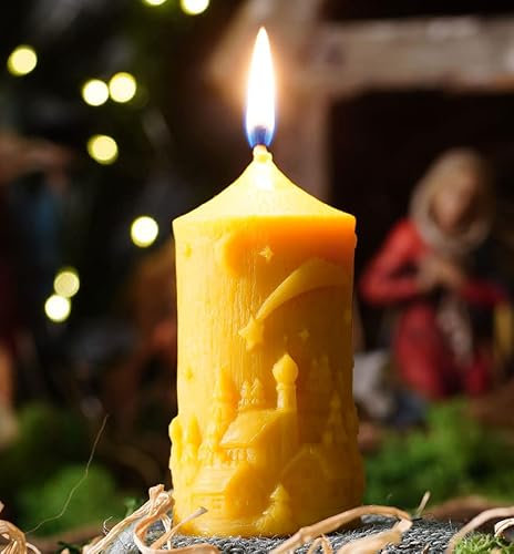 tea4chill Bienenwachskerze aus 100% Bienenwachs, Landschaft mit Stern, 50x100mm, Stumpen, Honigkerze, Tannenbaum, Geschenk für Weihnachten, Adventkranz Kerze, handgefertigt