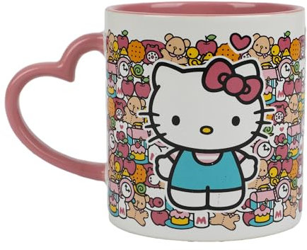 Bioworld Taza de cerámica de Hello Kitty con mango en forma de corazón rosa, 473 ml