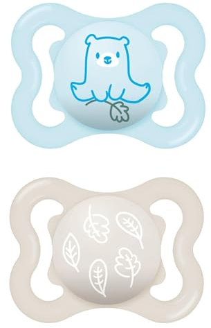 MAM Supreme - Ciuccio in set da 2 pezzi, per uno sviluppo sano dei denti e della mascella, previene le irritazioni della pelle, con scatola per ciuccio, 0-6 mesi, orso/foglie