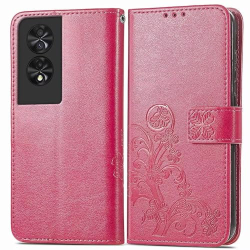 RankOne Leather Phone Case for TCL 40 NXTPAPER (4G) (6.78 Inches), Wallet Case with 3 Card Slots 1 Coin Pocket Four Leaf Clover Pattern - Red