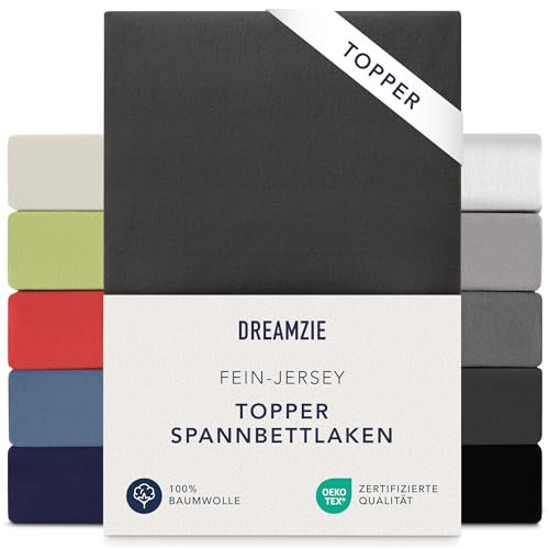Dreamzie Premium Topper Spannbettlaken 140x200 cm - 160x200 cm - extra niedriger Seitenhöhe - für Topper - Topperauflage - Spannbetttuch Jersey Baumwolle, 150 g/m² - Oeko-TEX - Schwarz