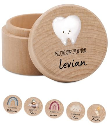 Bärenfreunde - Milchzahndose personalisiert aus Holz mit kinderfreundlichem UV-Druck - Zahndose Milchzähne als Erinnerung an die ersten Zähnchen (Zahn lächelnd)