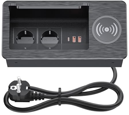 Versenkbare Steckdose USB C PD20W,BQO Aluminium Einbausteckdose Versenkbar 2 Fach mit USB, Tischplatte Versenkte Steckdose für Arbeitsplatte Küche Büro 250V/16A,2M Kabel (Black)