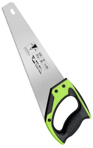 14 Inch Wood Hand Saw, Non-Slip Ergonomic Handle Rustproof Wood Saw, 11 TPI Universal Handsaw for Woodworking-Green