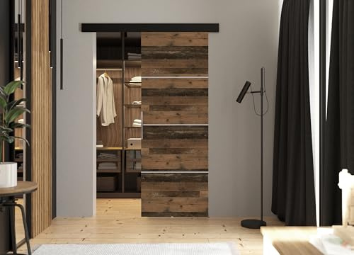 KIER FURNITURE Tür Komplettset MALIBU Old Style 76x205x1,6 cm | Platzsparende Schiebetür mit stabilem Laufsystem für Wohn- und Schlafräume, links oder rechts montierbar