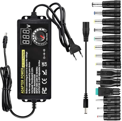 Adaptador de red ajustable 3 V-24 V, fuente de alimentación ajustable 3 A 72 W, fuente de alimentación universal 100 V-240 V CA, adaptador de fuente de alimentación con indicador de voltaje LED,