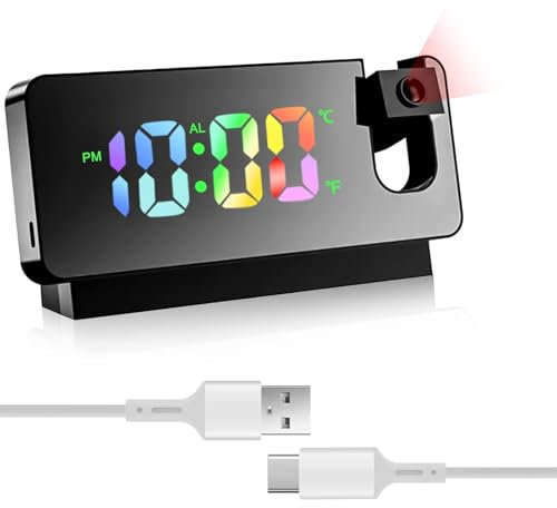GOMETY Réveil avec projection, réveil miroir, avec affichage de la température et grand écran LED, rotatif à 180°, alimenté par USB, avec projection de plafond, chambre à coucher (noir)