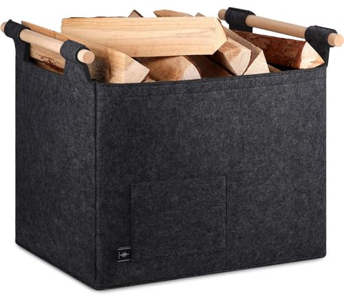 BONTHEE Log Carrier Felt Bag, Firewood Felt Fire wood ToteBag for Indoor Storage, Fireplace Wood Carrier Basket Bag with Wood Handles - Dark Grey