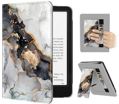 FINTIE Étui pour 7 Kindle Paperwhite (12e Génération, 2024) et Kindle Colorsoft (1re Génération, 2025/2024), Coque avec Béquille, Compartiment pour Cartes et Dragonne, Marbre Nuageux