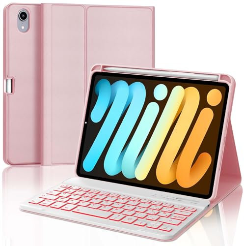JADEMALL Coque Clavier pour iPad Mini 7 (A17 Pro) 2024/Mini 6 2021 8.3, AZERTY Clavier Rétro-éclairé Détachable pour iPad Mini 7 A17 Pro/Mini 6 8.3, Rose