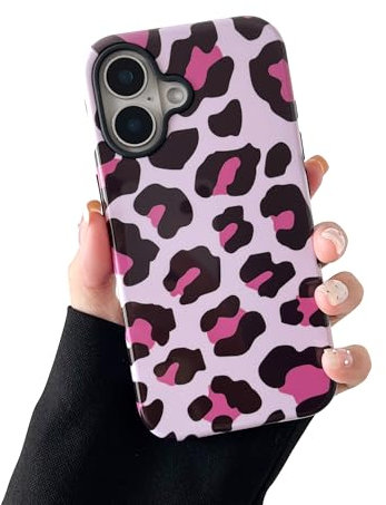 DEFBSC Case for iPhone 16, Cute Pink Leopard Print Aesthetic Trendy Pattern for Women Girls Slim Durable Bumper Shockproof Hybrid Hard Back Phone Cover, Cheetah/Glossy