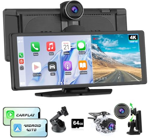 Hexinex Pantalla Carplay para Coche con CarPlay/Android Auto Inalámbrico, Pantalla Táctil de 10.26 Pulgadas Portátil con Dashcam 4K/Cámara Trasera de HD 1080P/Control por Voz/Bluetooth/Mirror Link