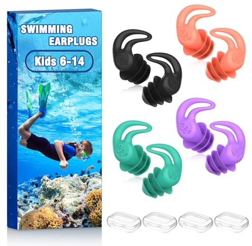 Waterproof Ear Plugs for Swimming Kids - 4 Pairs Reusable Silicone Swimming Ear Plugs for Children Ages 4-14, Keep Ear Water Out, Surfing, Bathing, Water Sports