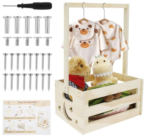 Holz Babykorb Geschenk mit Griff Babyparty Schrank Geschenk Korb Neugeborene Baby Dusche, Baby Shower Wäschekorb für Geburtstage Babypartys Weihnachten Neue Eltern(C)