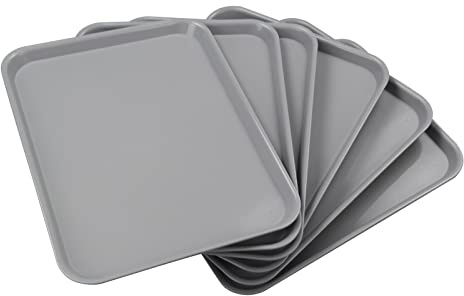Yesdate Set of 6 Plastic Non-Slip Cafeteria Trays, Rectangular Fast Food Serving Tray, Grey