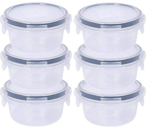 Shunshi 6 Pack Round Food Containers with Lids Airtight,Reusable Plastic Snack Pots with Clip Lock,Leak-proof Stackable Small Storage Container Set for Fruit, Yoghurt, Snack (300ML*6)
