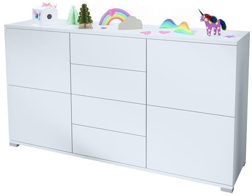 Vladon Sideboard Rova V1, Kommode mit 4 Türen und 4 Schubladen, Weiß matt/Weiß matt (138,5 x 75,5 x 35)