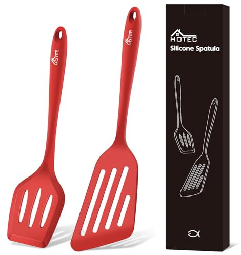Hotec Pfannenwender-Set, Hitzebeständiger Silikon Geschlitzt Pfannenwender Spatel BPA Frei, Spülmaschinengeeignet Küchenhelfer Kochgeschirr Turner Antihaft Spachtel zum Kochen, Backen, Flip, 2 Stück,R