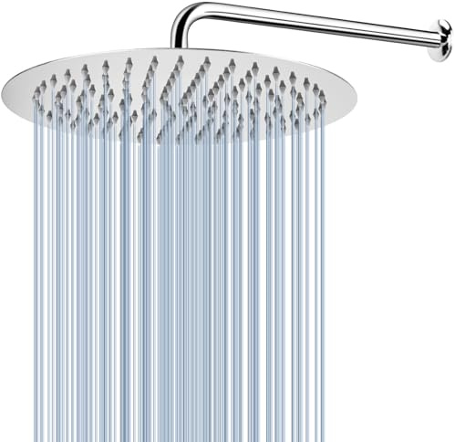 Voolan All Metal Shower Head with Extension Arm, Stainless Steel Waterfall Rainfall Showerhead, High Flow Bathroom Round Large Rain Shower Head (12'' Shower + 15'' Shower Arm)
