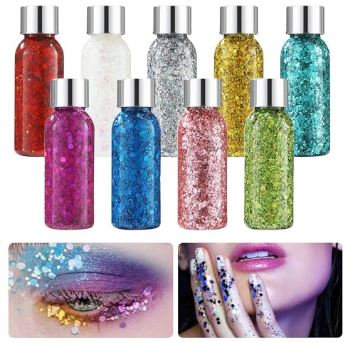 9 Bottle Body Glitter Gel, Glitzer Gesicht mit Löffel, lang anhaltender Glitter für Gesicht, Nägel, Haar-Make-up, geeignet für Weihnachten, Maskerade, Party-Make-up, Karneval