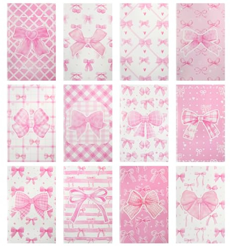 Lot de 12 mini carnets de notes de poche avec nœud rose à l'aquarelle, motif à carreaux rayés cousus pour filles, bureau, école, salle de classe, récompenses, fête d'anniversaire