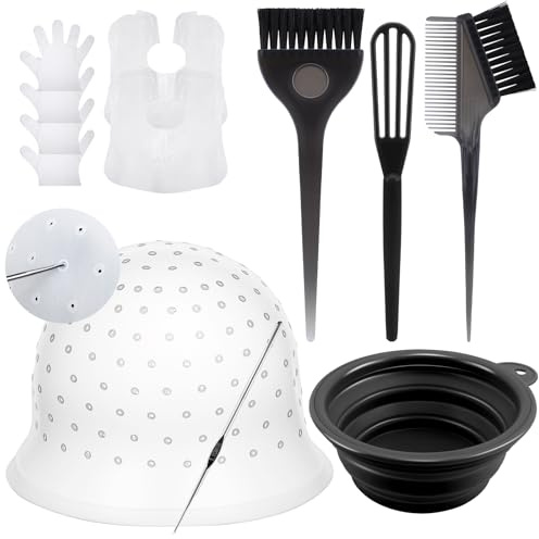 YOOVR 12PCS Hair Bleach Highlighting Kit with Hair Dye Brush and Bowl Set, Pre-Punched Silicone Highlight Cap, Hair Color Whisk Capes Gloves for Hair Bleaching Coloring Dying, At Home Salon Supplies