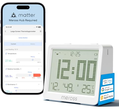 Meross Matter 10-in-1 Termometro Igrometro Ambiente Interno (Hub Richiesto) | Stazione Meteo WiFi con Display LCD, Automazione e Avvisi Smart, Compatibile con Apple HomeKit, Alexa e Google Home