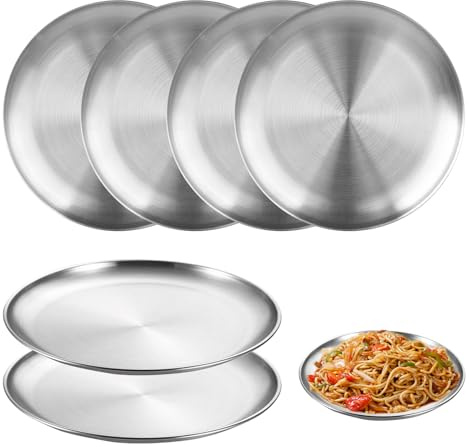 JIAC 6 Pcs Platos Redondos de Acero Inoxidable 20cm Plato de Acero Inoxidable Camping BPA Free Resistentes y Reutilizables Plato Llano de Acero Inoxidable para Barbacoa,Picnic, Cocina