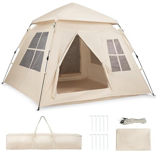 COSTWAY Pop Up Zelt 4 Personen, Wurfzelt mit 2 Meshtüren & 4 Netzfenster, Campingzelt Wasserfest mit Lampenhaken, Strandzelt inkl. Heringen, Windseileen & Tragetasche, für Camping & Reisen
