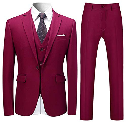 Costume Homme 3 Pcs Costard Blazer Veste et Pantalon Gilet Mariage Party Smoking, Vin Rouge, M
