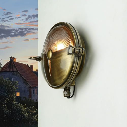 Licht-Erlebnisse Außenleuchte Wand halboffen aus Echt-Messing antik wertig IP64 E14 D:18cm rostfrei Schiffslampe Wandlampe Schiffsleuchte Wandleuchte Hauswand Garten