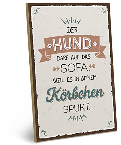 ARTFAVES® Wandbild Holzschild mit Spruch - Im Hundekörbchen spukt es - Türschild Retro Vintage Deko Bild Geschenk - Haustier, Hund