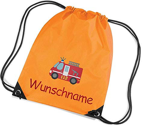 Feenstickerei Turnbeutel Feuerwehr bestickt mit Namen personalisiert neonorange Sportbeutel Schuhbeutel Schwimmbeutel Wäschebeutel 45x33 cm