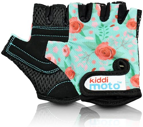 Kiddimoto Flower Anti Slip Kids Bike Gloves For Kids Boys & Girls Best Toddler Bike Gloves Ages 2-8 Fingerless Cycling Gloves For Youth Sports Like Mtb, Bmx Dirt Biking, Mountain Bike Riding, Skates