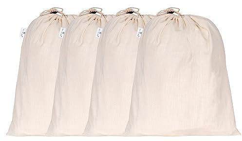 Hell Blues 4-Pack Linen Storage Bags with Drawstrings X-Large 13x15 - Canvas Fabric Bread Bag - Bulk Food -Reusable Muslin Natural Potato Onion Storage Pouch - Cloth Shoe Bags
