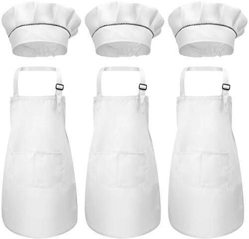 6Pcs Niños Delantal y Gorro de Cocinero, Infantil Delantales de Chef con Bolsillos, Niñas Ajustable Delantal de Cocina Jardín, Delantal de Cocinar para Hornear Pintar Artesanía (7-13 Años) (Blanco)