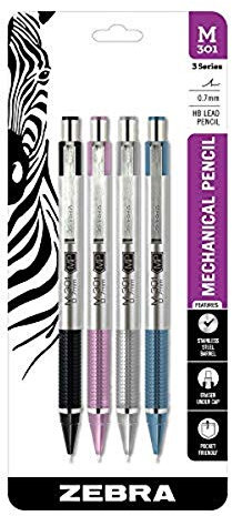 Zebra Pen M-301 Stainless Steel Mechanical Pencil, Premium Metal Barrel in Assorted Colors, Medium Point, 0.7mm, 4-Pack