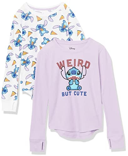 Amazon Essentials Disney | Marvel | Star Wars | Frozen T-Shirts en Tissu Isolant à Manches Longues Fille, Lot de 2, Stitch Pizza, 2 ans