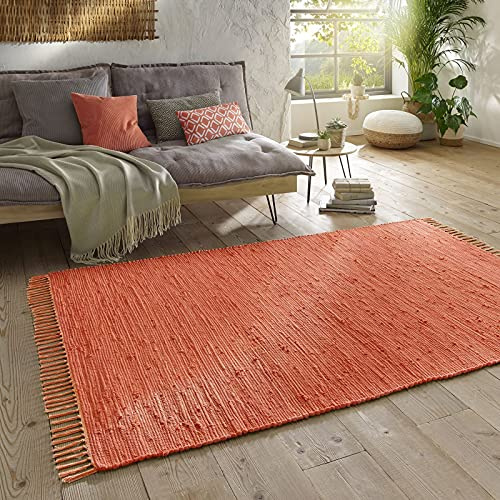 Taracarpet Handwebteppich Läufer Fleckerl Teppich Uni waschbar aus Baumwolle für Wohnzimmer und Küchenteppich 090x160 cm Terracotta