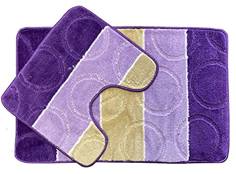Lizzy 2Pcs Bath Mat Set | Non Slip Absorbent Bathroom Mat Set | 78 x 49CM Bathroom Mat and 40.5 x 47.5 CM U Shape Toilet Rug (Purple)