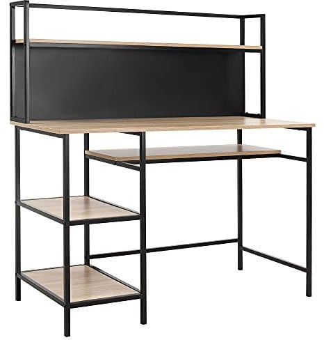 HOMCOM Bureau avec Rangement Bureau Informatique avec 4 étagères, Grand Plateau et Panneau Noir pour Salon Chambre 120L x 53l x 126H cm, chêne et Noir